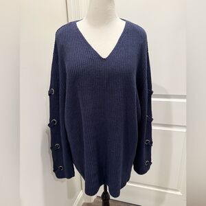 City Chic Deep Blue V-Neck Sweater with Grommet Sleeves